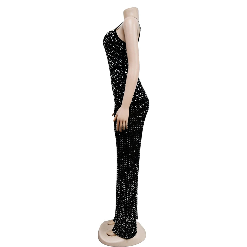 HBLL Women Club Outfits Spaghetti Strap Bodycon Jumpsuits Sparkly Rhinestone Romper Birthday Night Out One Piece Clubwear