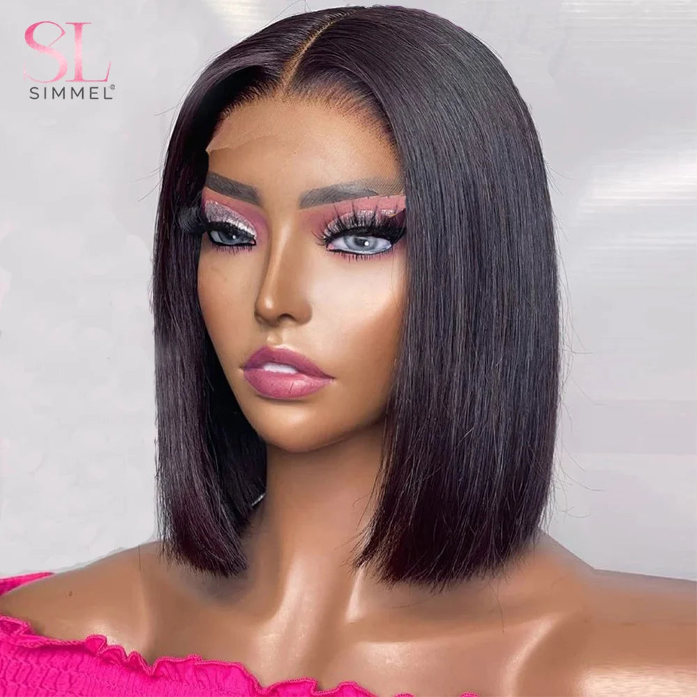 SIMMEL Ombre 4x4 Lace Closure Wig Highlight Colored Human Hair Wigs Highlight Brown Bob Wigs Straight Remy Hair 180 Density