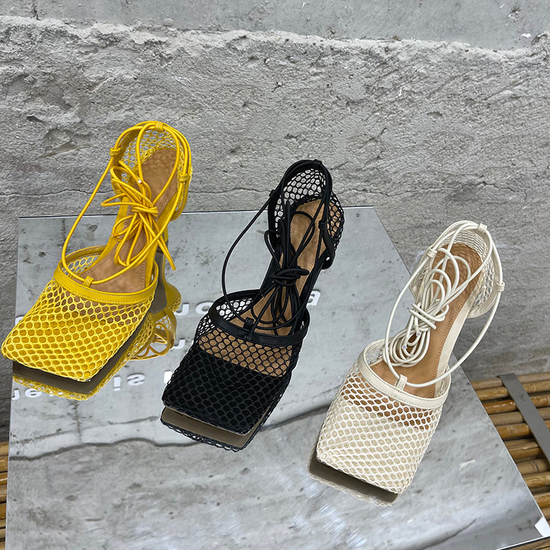 Aneikeh 2024 Summer Sexy Mesh Pumps Sandals Female Square Toe High Heel Lace Up Cross-Tied Stiletto Hollow Dress Party Shoes