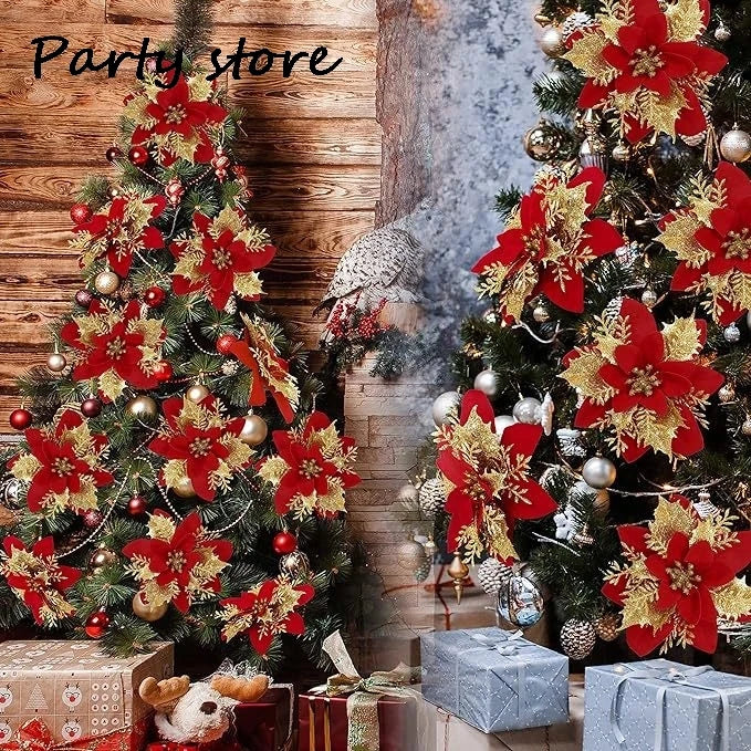 Silver Glitter Christmas Flowers Silver Xmas Tree Artifical Flower Ornaments Merry Christmas Decoration For Home Party New Year