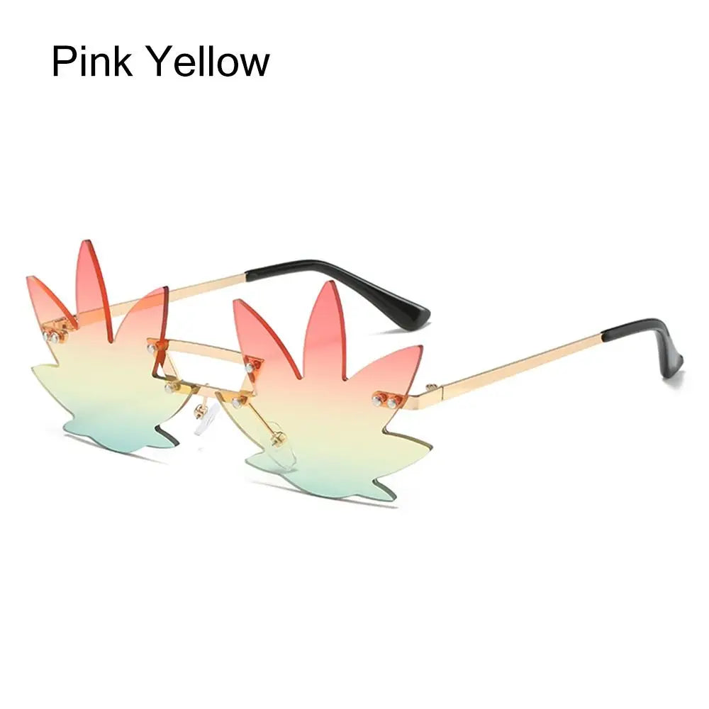 Novel Rimless Maple Leaf Shape Metal Sunglasses for Women Party Decorative Sun Glasses Men Unique Street Catwalk Prom Eyewear