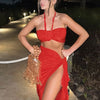 Hugcitar Fashion 2 Pcs Sets Strapless Tie Flower Draped Sexy Crop Tank Top Slit Tassel Maxi Skirt Women Outfit Festival Party