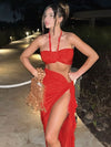 Hugcitar Fashion 2 Pcs Sets Strapless Tie Flower Draped Sexy Crop Tank Top Slit Tassel Maxi Skirt Women Outfit Festival Party