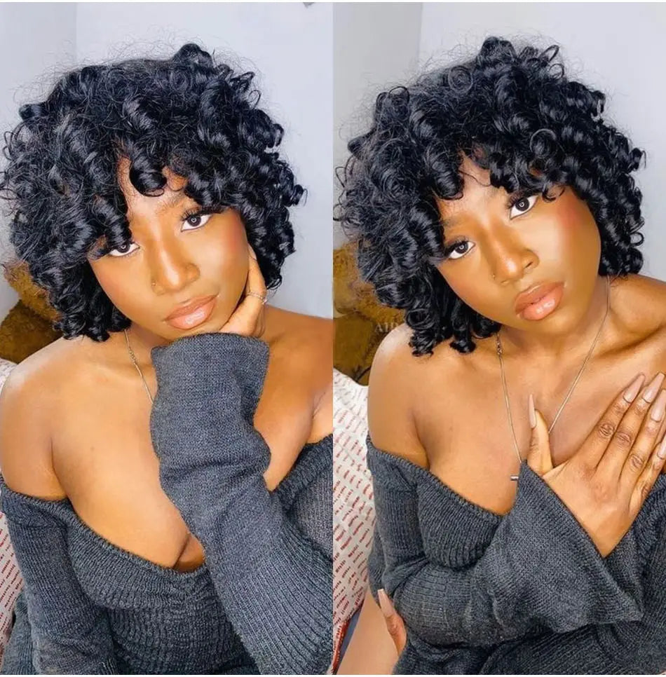 250% Bob Bouncy Curly Human Hair Wigs Loose Bouncy Rose Curly Wigs With Bangs Brazilian Remy Hair Machine Made Wig for Women