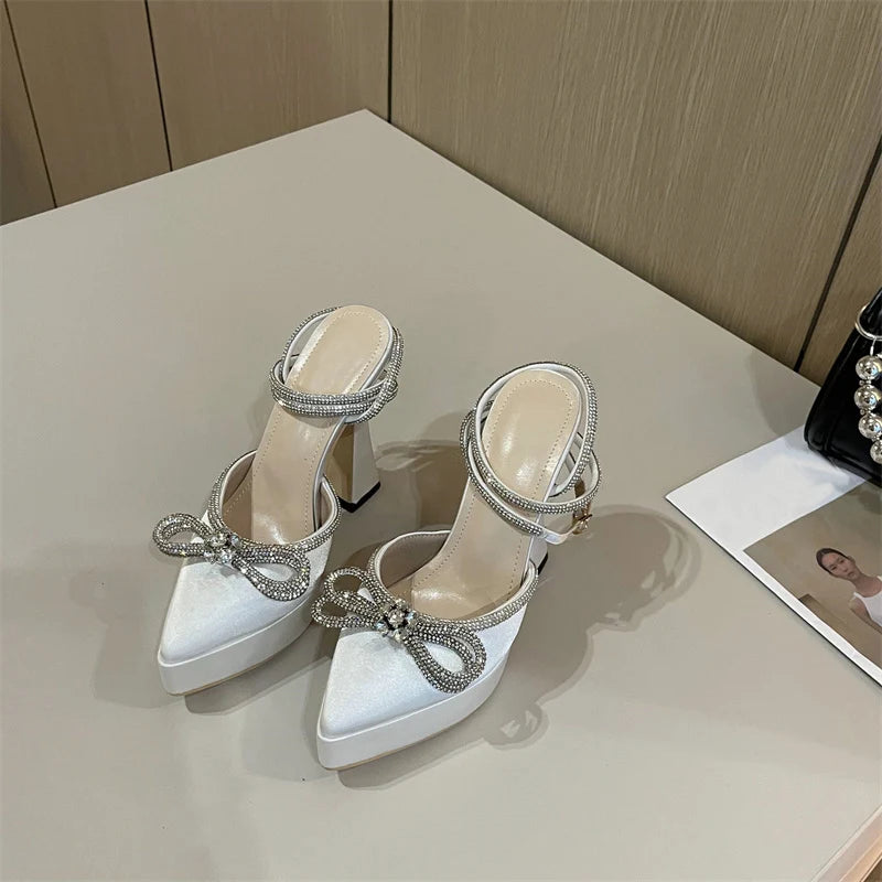 Hlieny 2025 Spring Autumn Women Pumps Fashion Platform Pointed Toe Butterfly-Knot Crystal Party Shoes Ankle Buckle Strap Sandals