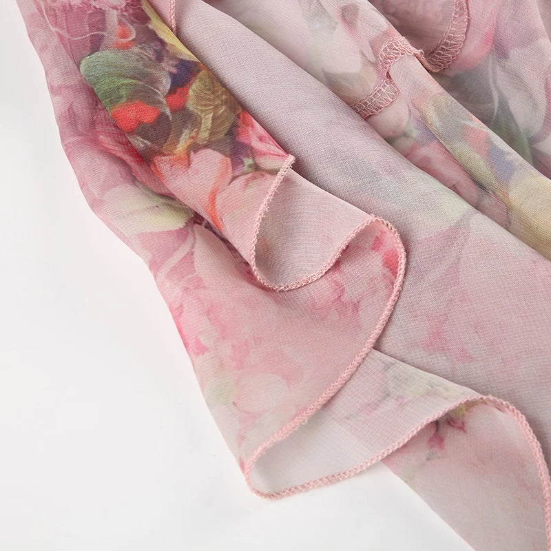 BIIKPIIK Vacation Ruffles Skirts Fashion Floral Print Vintage Elegant Women Skirts Designed Semi-perspective Sexy Holiday Bottom