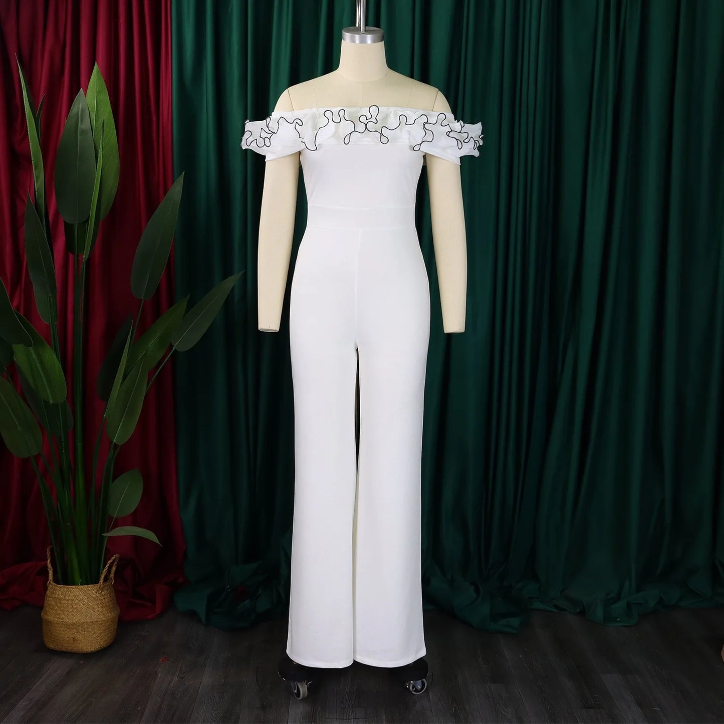 Luxury Jumpsuits & Rompers for Woman Off the Shoulder Ruffles Short Sleeve High Waisted Solid New Year 2025 Christmas Overalls