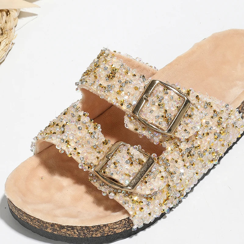 Double Metal New Fashion Buckle Diamond Sequins Slippers Home Leisure Beach Women's Flat Sandals for Fall and Winter Models