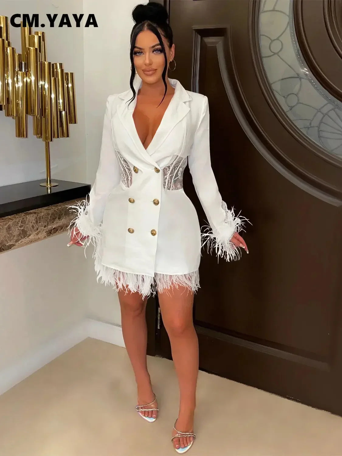 FANAN Elegant Women Double Breasted Tassel Hem and Long Sleeve Notched Collar Lace Waist Patchwork Blazer Dress Vestidos 2022