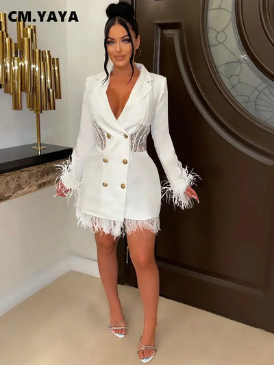 FANAN Elegant Women Double Breasted Tassel Hem and Long Sleeve Notched Collar Lace Waist Patchwork Blazer Dress Vestidos 2022