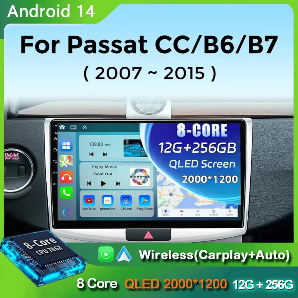 Android 14 For Volkswagen VW Passat B6 B7 CC 2007-2016 Carplay Radio Multimedia Player Auto Car Radio WIFI 4G GPS DSP48EQ 2din