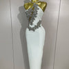 Sexy Backless Sparkly Crystal Diamonds White Bodycon Bandage Dress Women Celebrity Elegant Evening Club Party Birthday Dresses