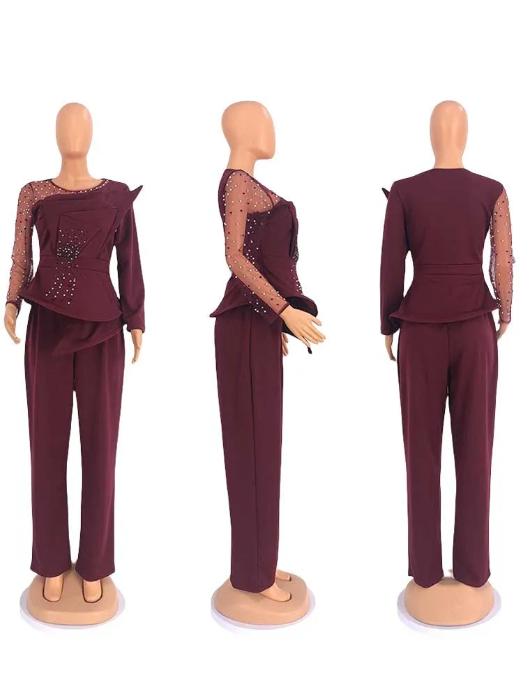 Spring 2 Pieces Set for Woman Pearl Top with Sleeves Pants Suit Women Outfit Elegant Classy Evening Wholesale Dropshipping
