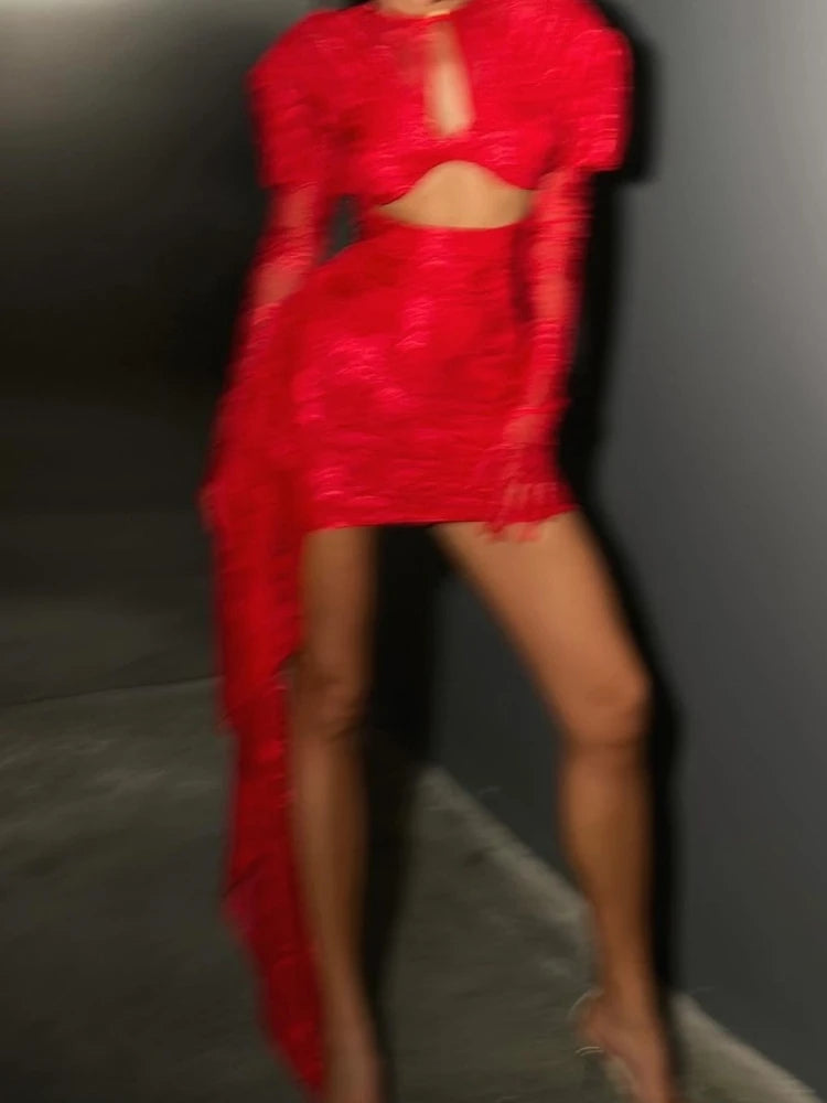 New Sexy Gloves Long Sleeves Cutout Pleated Draped Mini Dress Women Red/White Lace Floral Bodycon Dresses Party Cocktail Club