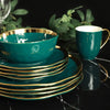 Florian Modern Porcelain 16 Piece Dinnerware Set, Plates and Bowls Set, Dish set for 4, Green and Golden Rim