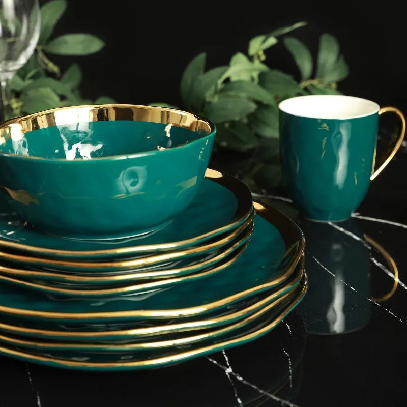Florian Modern Porcelain 16 Piece Dinnerware Set, Plates and Bowls Set, Dish set for 4, Green and Golden Rim