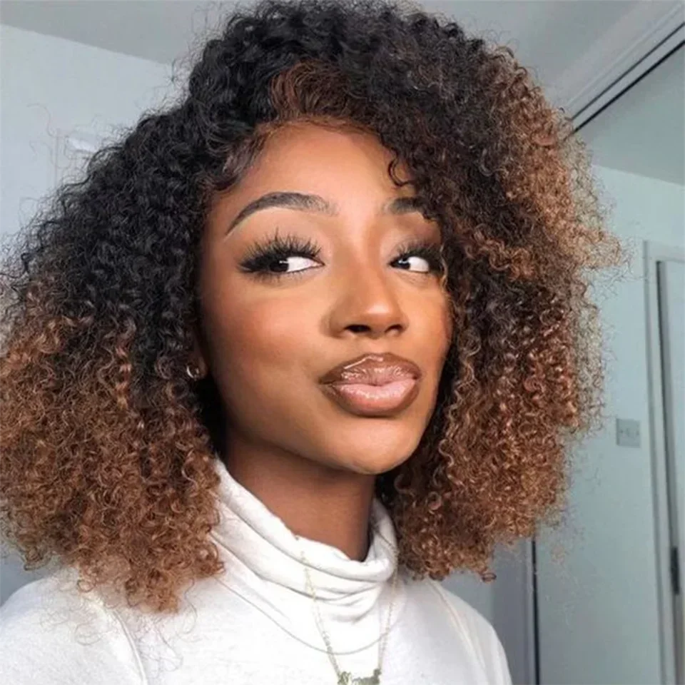 Ombre Brown Short Afro Kinky Curly Bob Wigs For Women Brazilian Human Hair Wigs Highlight Human Hair Wig With Bangs 180% Density