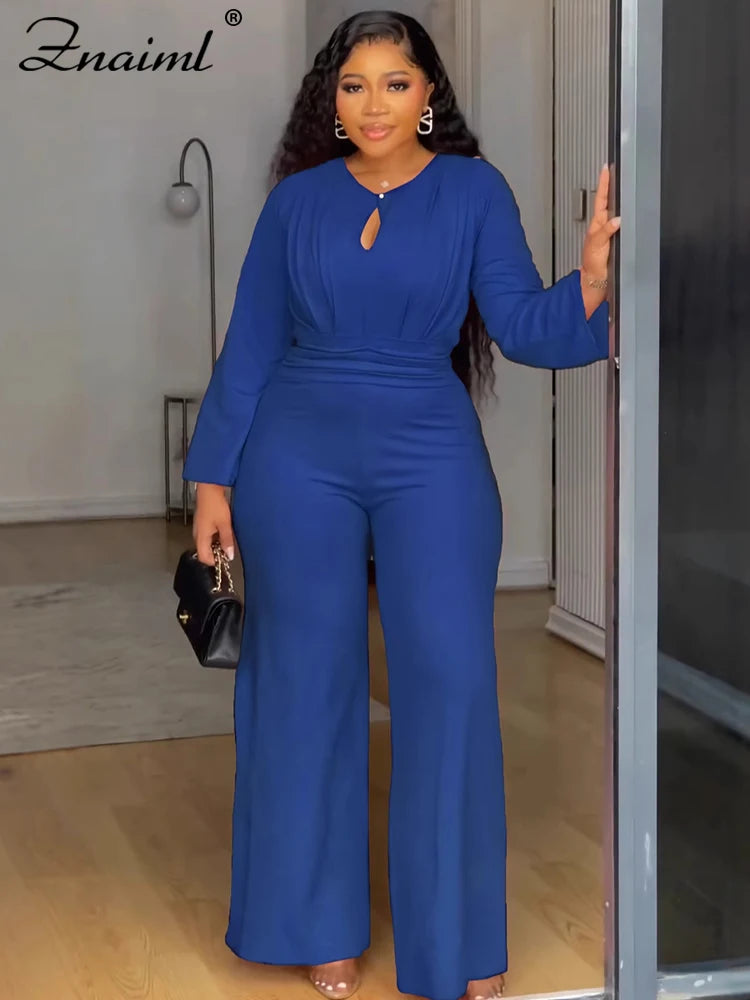 Znaiml Women O Neck Long Sleeve Straight Wide Leg Pants Rompers Office Lady Jumpsuits Pink Loose One Piece Overalls Streetwear