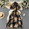 2024 Summer Women Floral Pleated Dress Vintage Turn-Down Collar Short Sleeve Single Breasted Printed Draped Midi Vestidos New