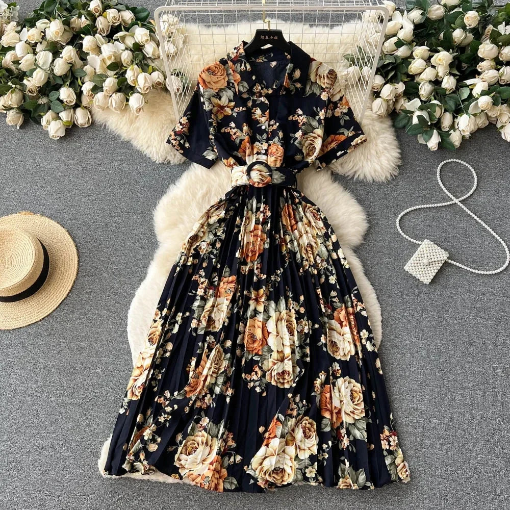 2024 Summer Women Floral Pleated Dress Vintage Turn-Down Collar Short Sleeve Single Breasted Printed Draped Midi Vestidos New