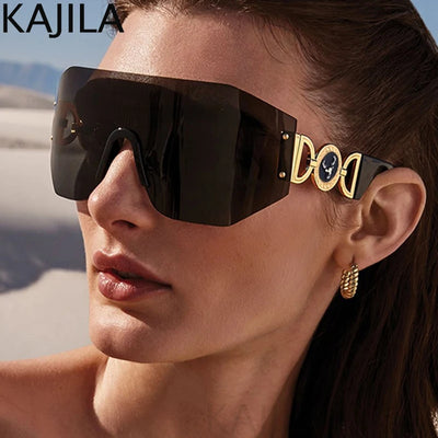 Oversized Shield Rimless Punk Sunglasses Women 2024 Luxury Brand Fashion Winged Sun Glasses For Ladies Shades Eyewear UV400