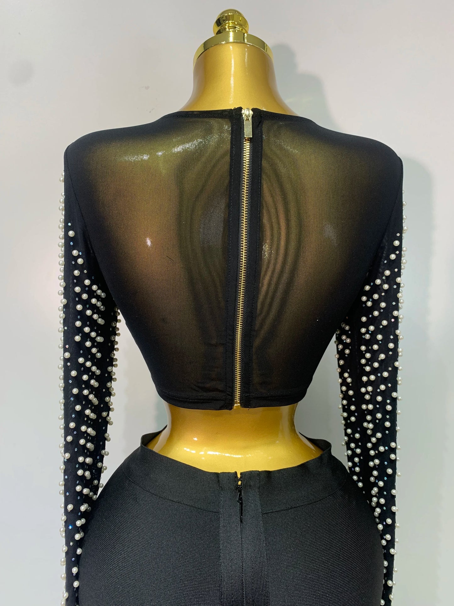Women Sexy Long Sleeve Mesh Pearl Top Celebrity Midi Women Bandage Set 2025 Designer Evening Party Luxury Birthday Two Piece Set