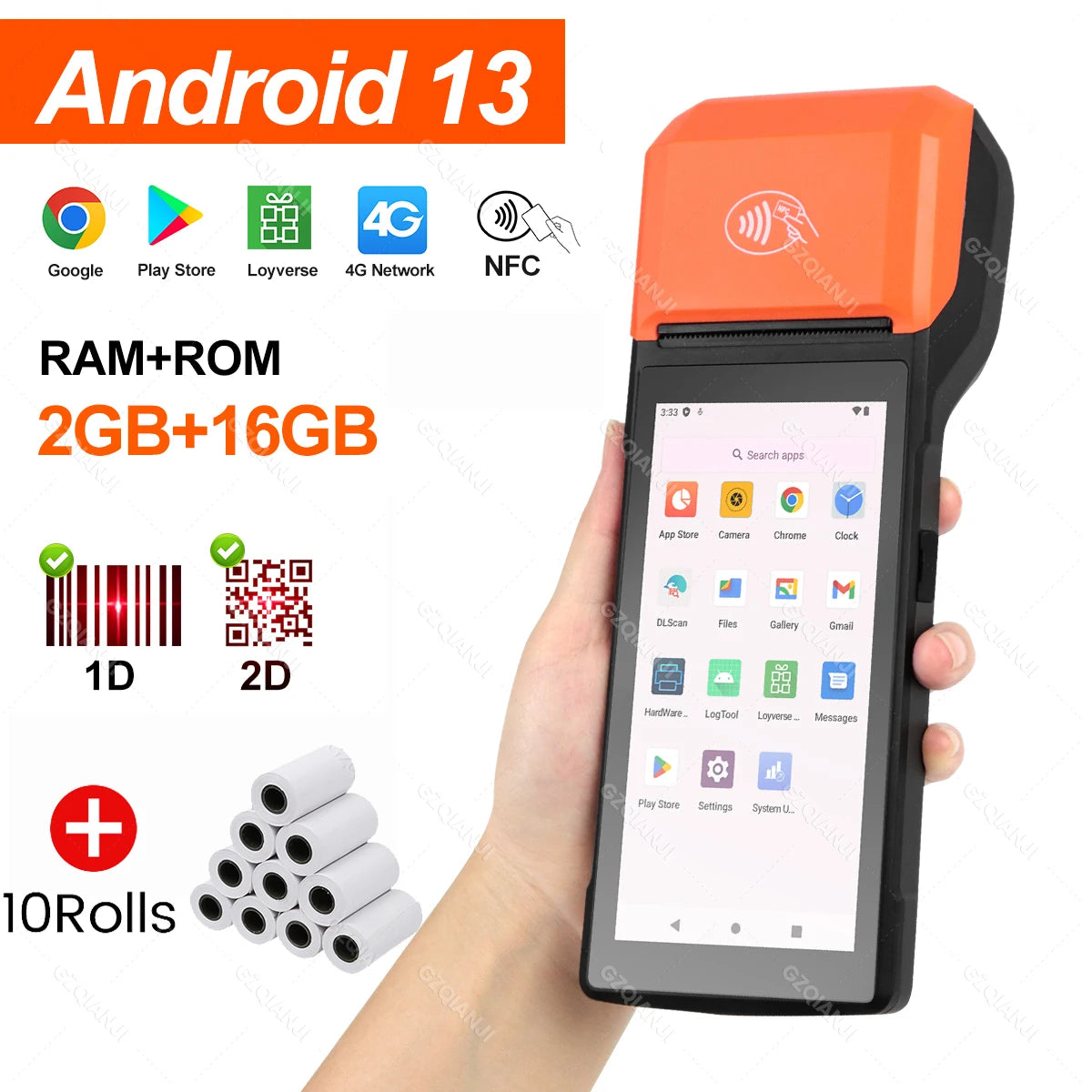 Handheld Commercial PDA Android 8.1/13 Bulit-in 58mm Thermal Receipt Printer NFC Optional for Cafeteria WIFI Bluetooth Connect