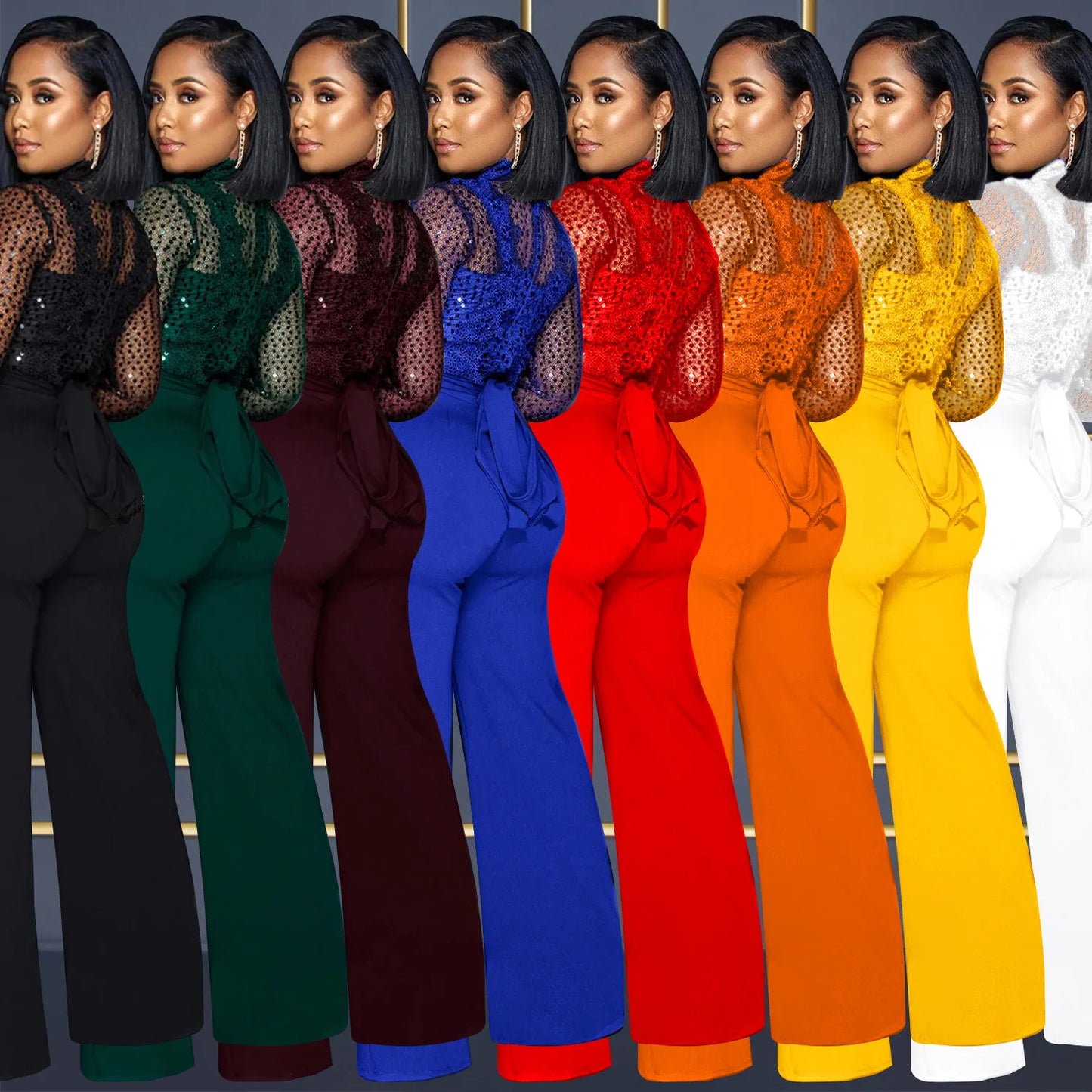 Fashion Women's Clothing Hollow Long-sleeved Loose Wide Leg Jumpsuits Overall Pants Solid Color Sexy Lace