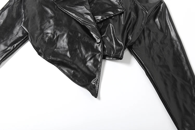 Sisterlinda Faux Leather Single Button Crop Jacket Women Autumn Trend Cross Neck Full Sleeve Wild Style Classic Streetwear Coat