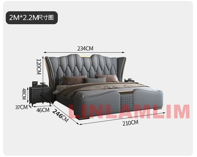 MINGDIBAO Luxury Modern Upholstered Bed Frame with Gold Accents, Genuine Leather Designer Bed, Queen/King Size Bedroom Furniture