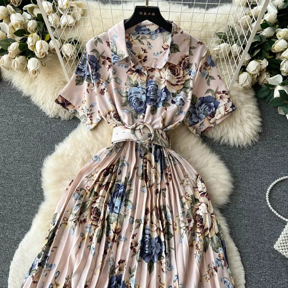 2024 Summer Women Floral Pleated Dress Vintage Turn-Down Collar Short Sleeve Single Breasted Printed Draped Midi Vestidos New