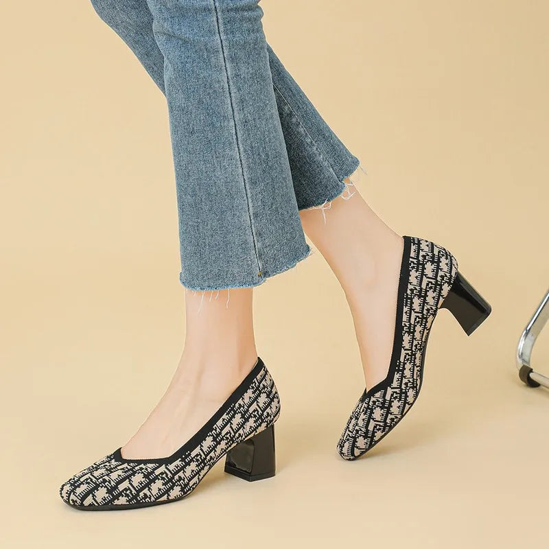 DIMANYU Women Dress Shoes Square Toe 2025 New Knitted High Heel Pumps Women's Fashion Shoes Large Size Women's Spring Shoes