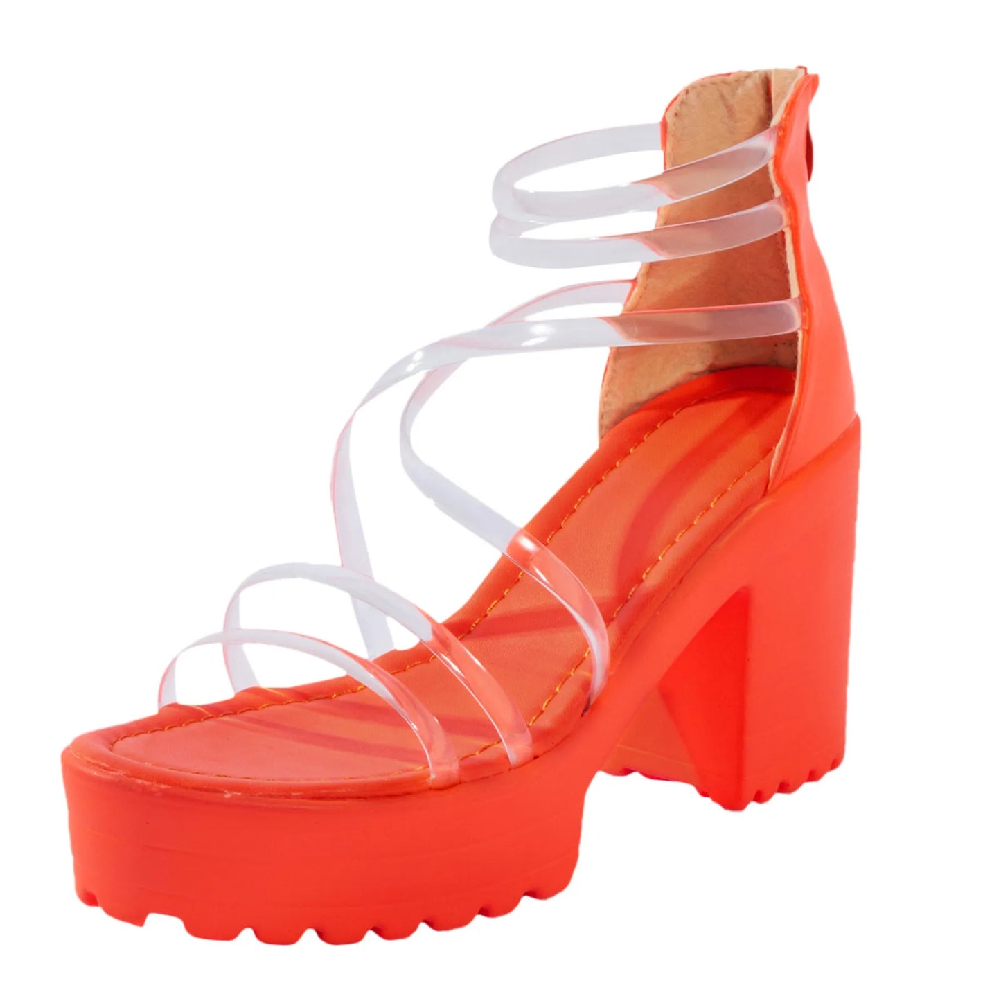 Women'S Fashionable Sandals Heels Asymmetric Transparent Strap Design Thick Heels Zipper Waterproof Platform High Heels Sandals