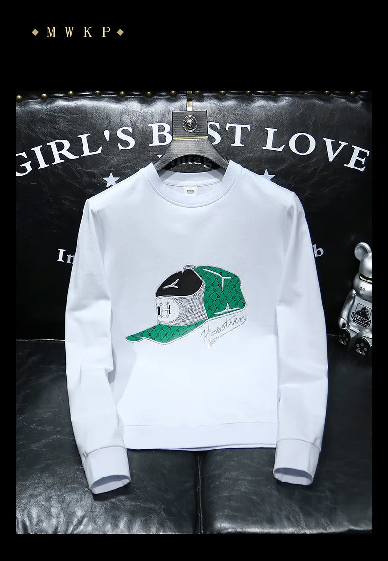 Round Collar Men's Pullover New Male Hoodies Personalized Hat Hot Diamond Print Fashionable Top Youth Bottoming Shirt Clothing