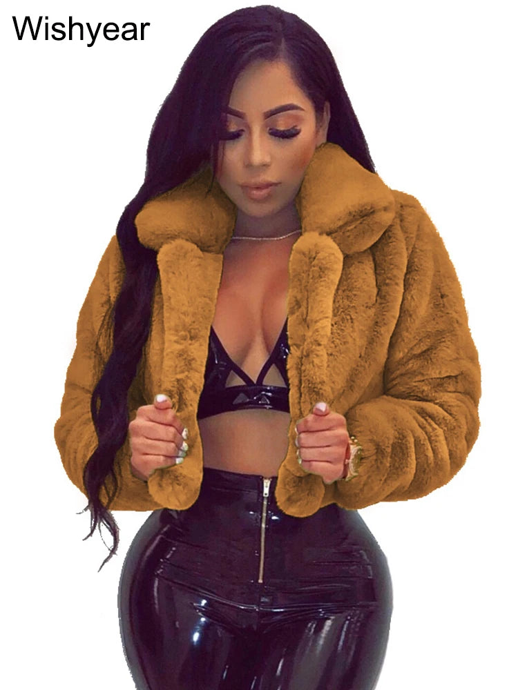 Fashion Faux Fur Open Stitch Lapel Crop Jackets Women Clothing Autumn Winter Solid Long Sleeve Warm Furry Fluffy Coat Outer Wear