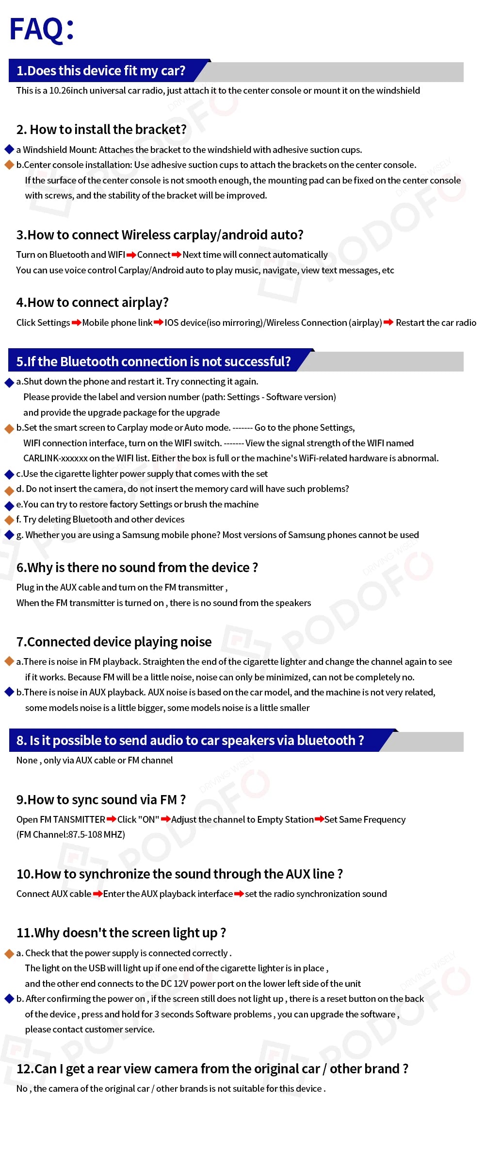 Podofo 8inch Android Monitor 4+64G Carplay Android auto Car Video Player Bluetooth FM AUX Apple Airplay Dashboard Monitor