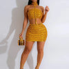 New Silvery Sexy Mini Skirt and Choker Crop Top Strapless Halter Two 2 Piece Set Women Rhinestones Night Club Birthday Outfits