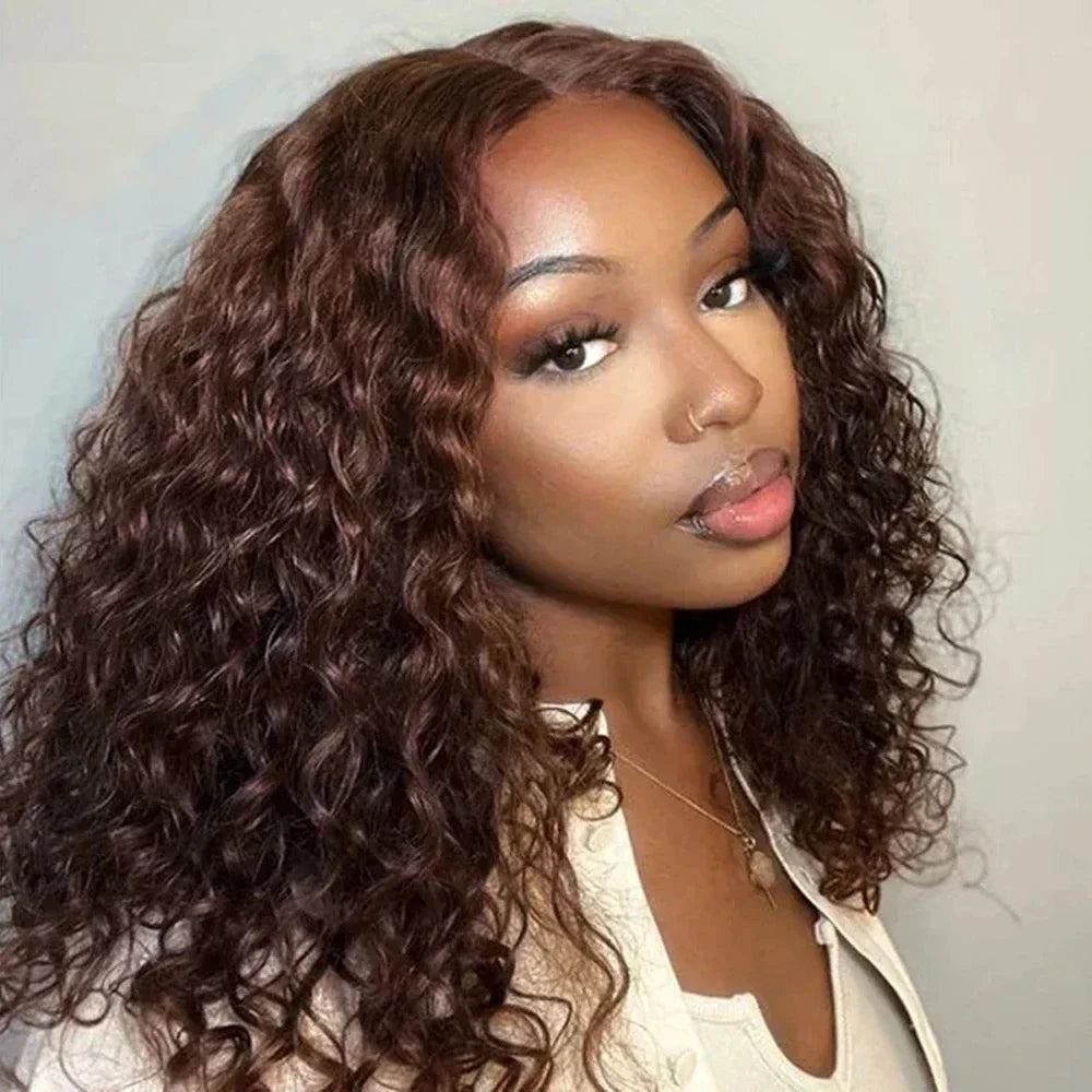 Brown Curly Lace Front Human Hair Wigs 200 Density 13x4 Full Frontal Brown Colored Deep Water Wave Wigs HD Lace Wigs