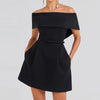 Women Belt Patchwork Short Sleeve Mini Dress, Spring Summer Fashion Slash Neck Party Dress, Solid Off The Shoulder Ladies Dress