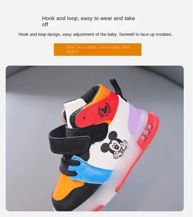 Disney Children's Sneakers Boys Girls Mickey Led Light Sport Shoes Student Shoes Hook Anti-slip Kids Outdoor Shoes Basket Shoes