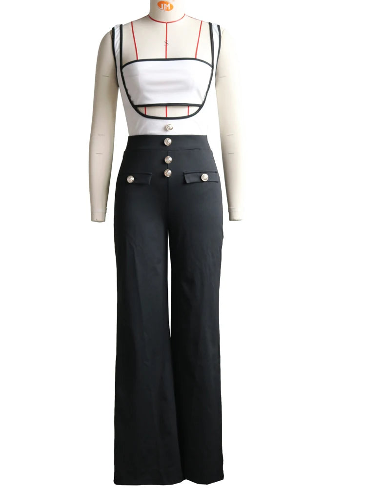 Kricesseen Elegant Button Details Cargo Jumpsuits Set Two-Piece Outfits Women Fitted Patchwork Wide Legs Jumpsuit Nightclub Wear