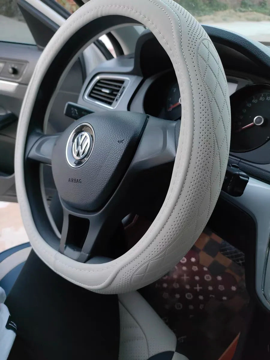 Napa Leather Perforated Patchwork Car Steering Wheel Cover, Non-slip, Breathable, Universal 15 Inch (Approx. 38.1cm)