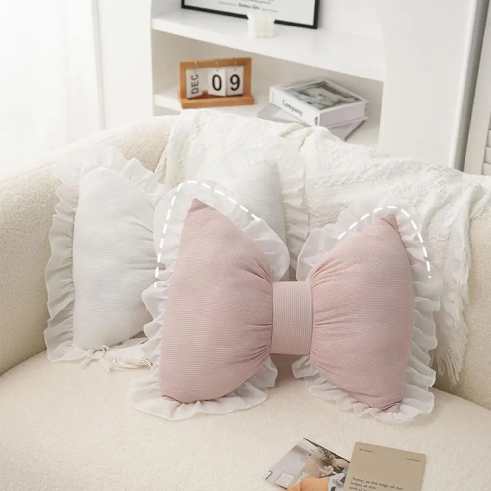 Pink Bow-shaped Pillow Ruffle Lace Decor Plush PP Cotton Filling Pillow Bed Couch Sofa Support Pillow Car Seat Companion Pillows