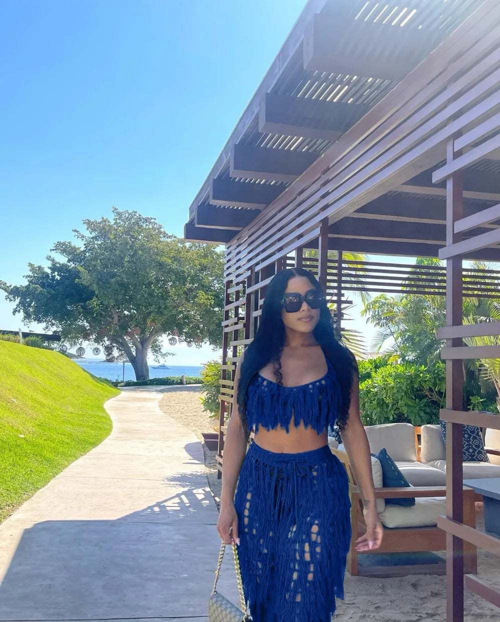 FAGADOER Sexy Hollow Out Tassels Pants Two Piece Sets Women Halter Sleeveless Backless Crop Top + Pants Outfit Female Streetwear