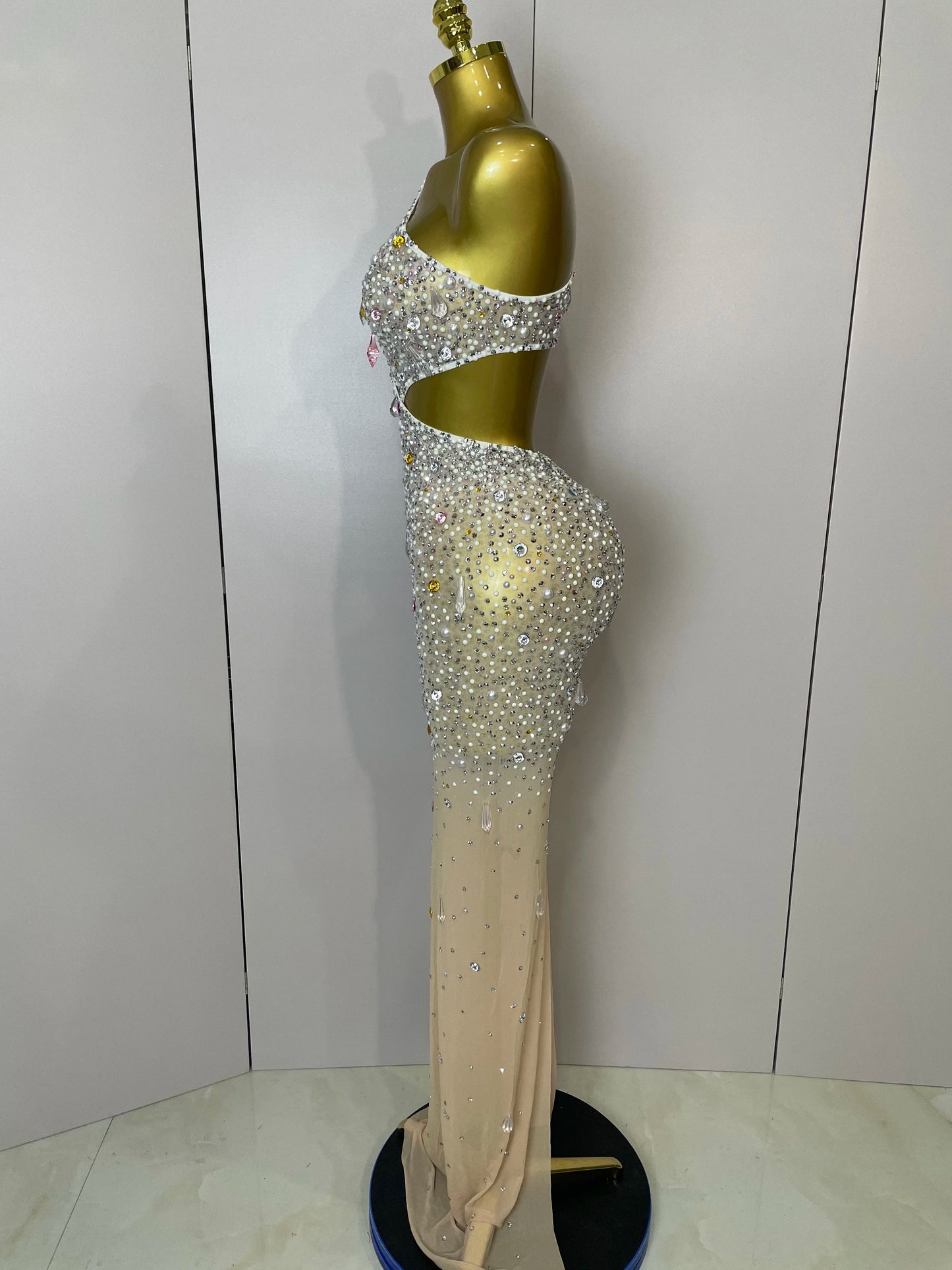 Stock 2025 Women Sexy One Shoulder Hollow Out Big Crystal Bodycon Long Dress Celebrate Nightclub Party Bar Singer Birthday Dress