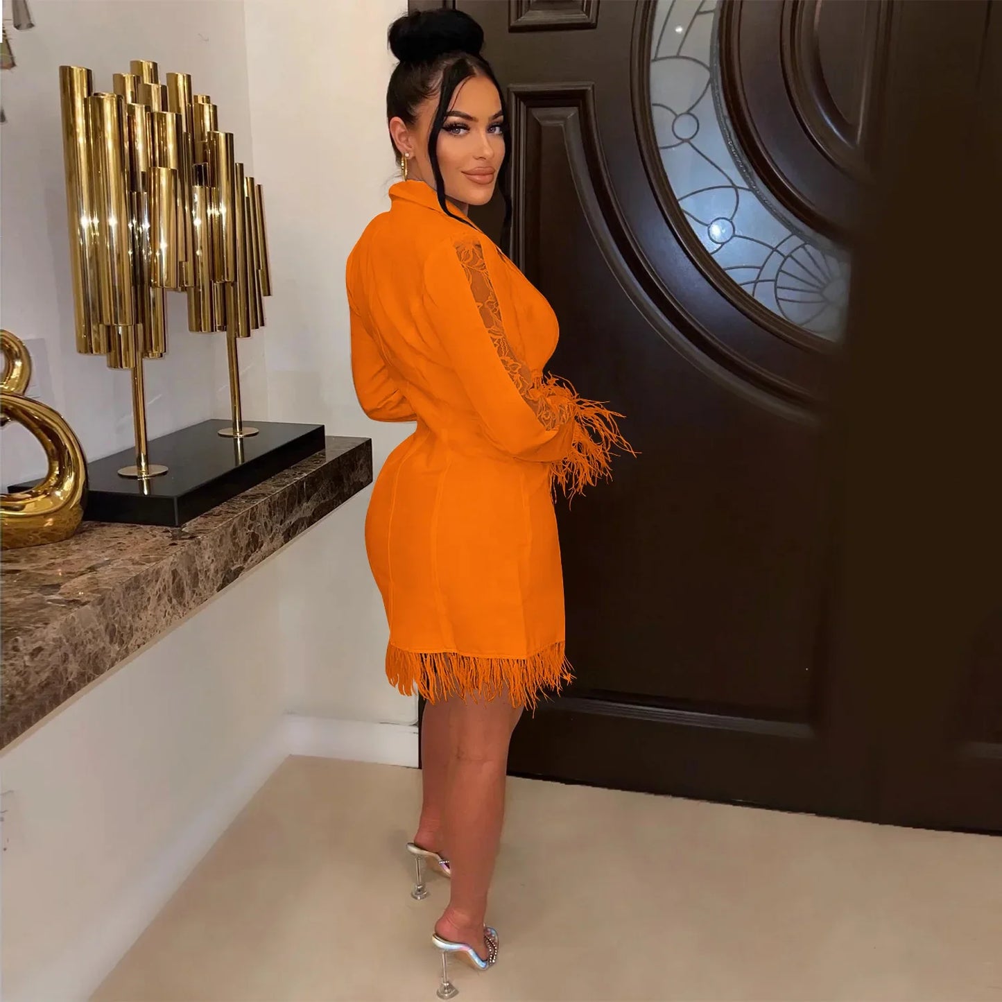 FANAN Elegant Women Double Breasted Tassel Hem and Long Sleeve Notched Collar Lace Waist Patchwork Blazer Dress Vestidos 2022