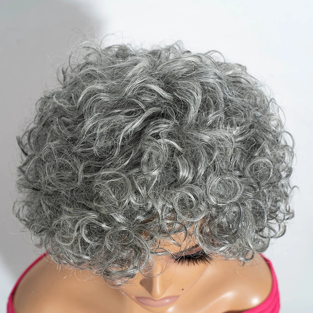 Lekker Short Silver Gray Curly Bob 100% Human Hair Wigs For Women Brazilian Remy Hair Salt and Pepper Full Machine Made Wigs