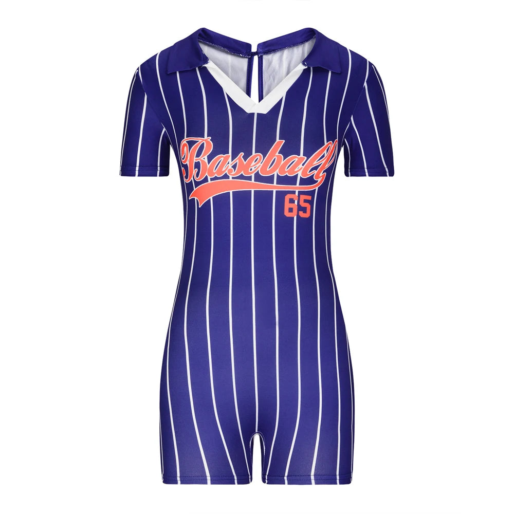 Women's V Neck Casual Jumpsuit One Piece Tight Short Rompers Sports Clothes Baseball Letter Print Summer Outfit New Fashion 2023