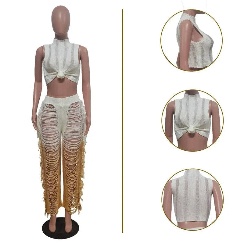 Gradient Color Crochet Two Piece Set for Women Summer Beach Crop Top and Wide Leg Pants Tassel Hollow Out Hole Vacation Outfits