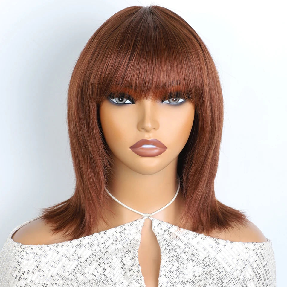 Lekker 12" Short Brown Wolf Cut Straight Bob Human Hair Wigs With Bangs For Women Brazilian Remy Hair Ready to Wear Glueless Wig